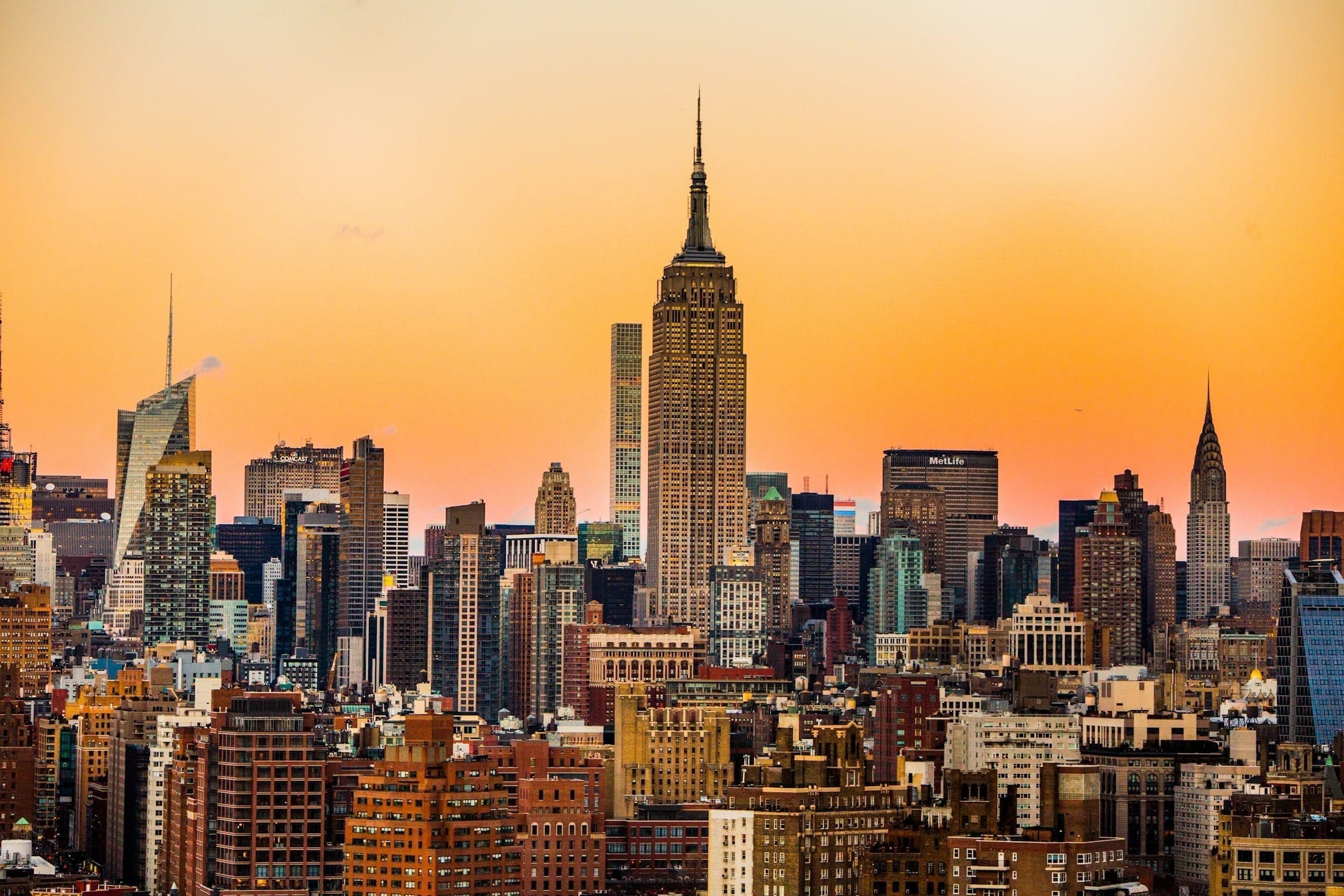 The New York skyline at dusk.