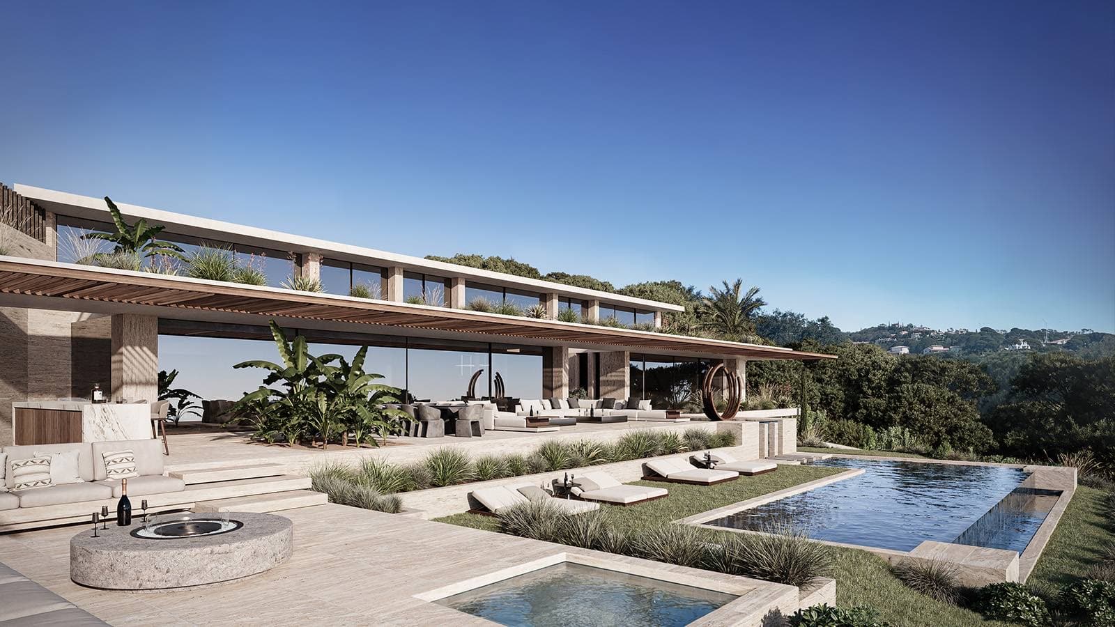 A contemporary villa on a hillside, terrace and pool facing the trees.