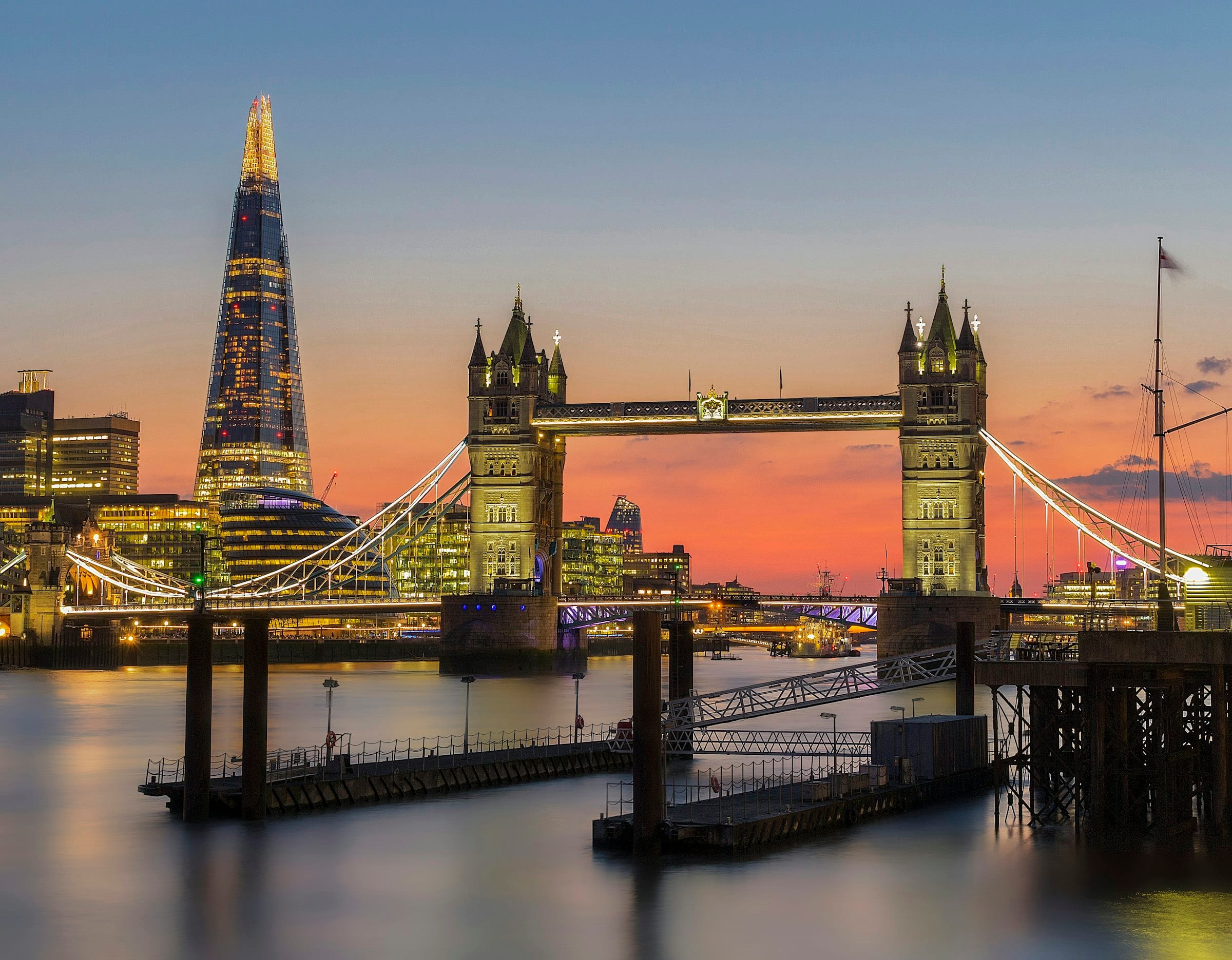 Tower Bridge and the Thames in London at dusk